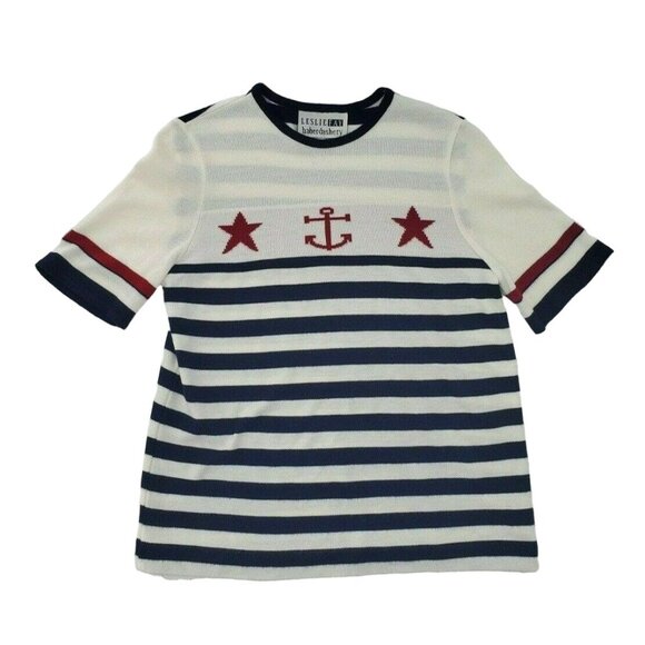 Vtg 80s Sweater Small Red White & Blue Nautical Sailor Anchor Stars Short Sleeve - Picture 1 of 4